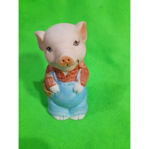 Vintage Jasco Bisque Farmer Pig Ringing Bell 4" Tall - Picture 1 of 5